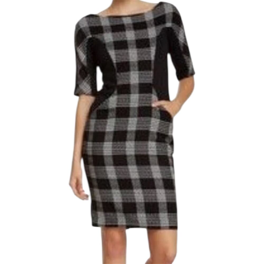 Anthropologie Eva Franco McKinn Dress Shift Gingham Plaid Boat Neck Black Large